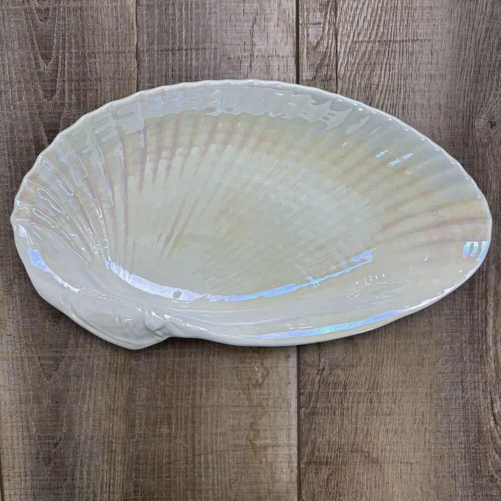 Wedgwood Nautilus Lustre 12" Oyster Seashell Dish England Bone China Iridescent